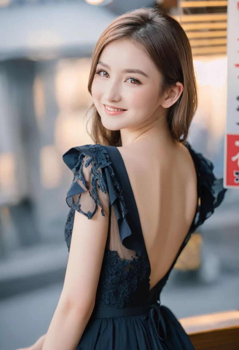 Leila、18-year-old、（Russian women）、（Cute face）、（Thin contours:1.3）、（Grey Eyes:1.8）、（Big Breasts:1.3）、（Narrow waist）、8-head-tall model style、Full body angle、smile、Long dress、Inside the city of Tokyo