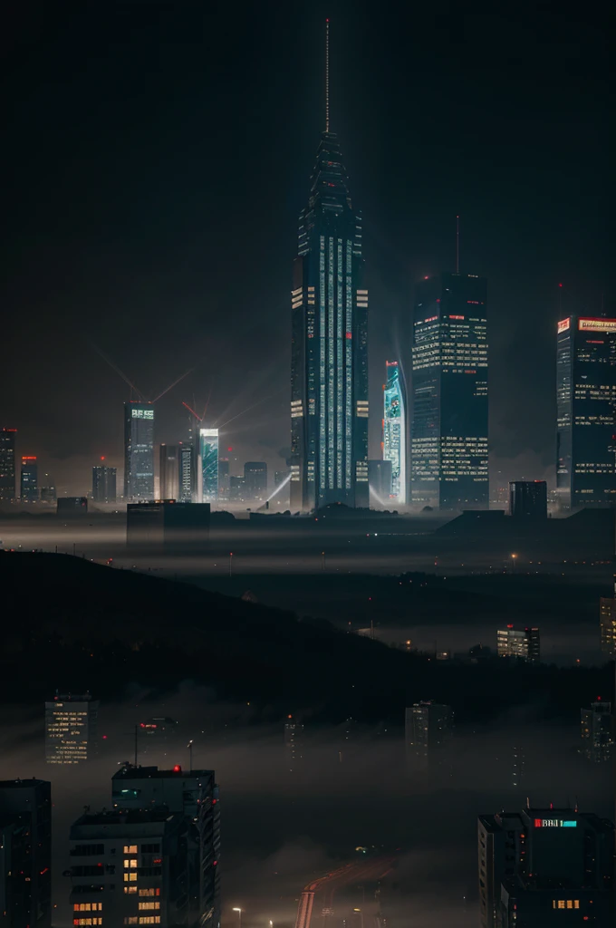 A cyberpunk city at night full of thousands of people, very tall guild palaces with brutalist architecture and light fog between the buildings, very high details, photorealism 8k