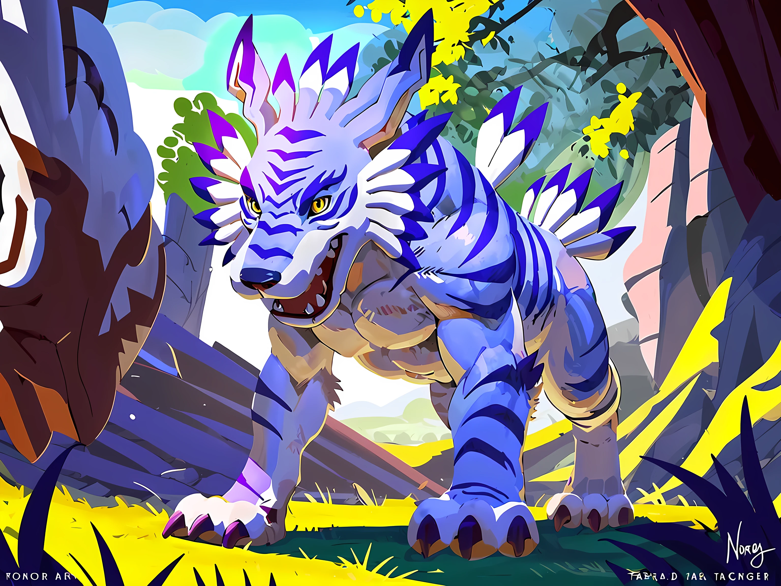 Garurumon, solo:1.5, half body, feral, standing, posing, smile, fangs, high quality, yellow eyes, big eyes:1.1, detailed eyes, muscular, cel shaded, pectorals, by negger, by rossciaco, by taran fiddler, purple claws, open mouth 