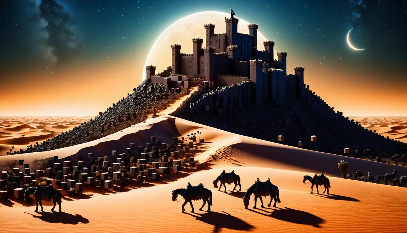 A desert made of small RAL-3D cubes,An old castle stands,Midnight in the desert,Several small RAL-3D cubes fall from above,Wrapped in a fantastic dark light,Animals are standing