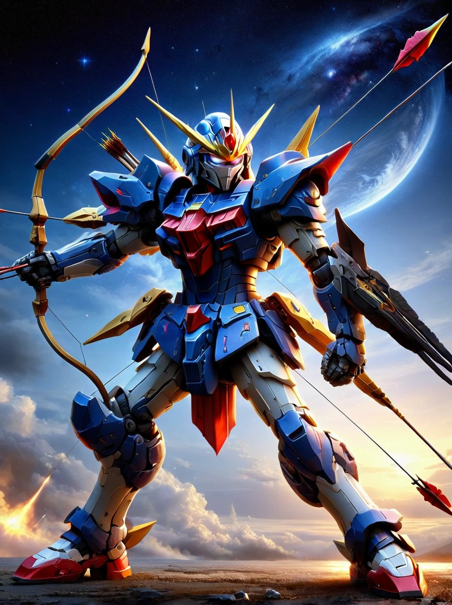 Amazing quality，masterpiece，Best quality，Ultra Detailed，Ultra HD，Depth of Field，(whole body:1.5)，Gundam holding a bow and arrow，Space，(Archer)