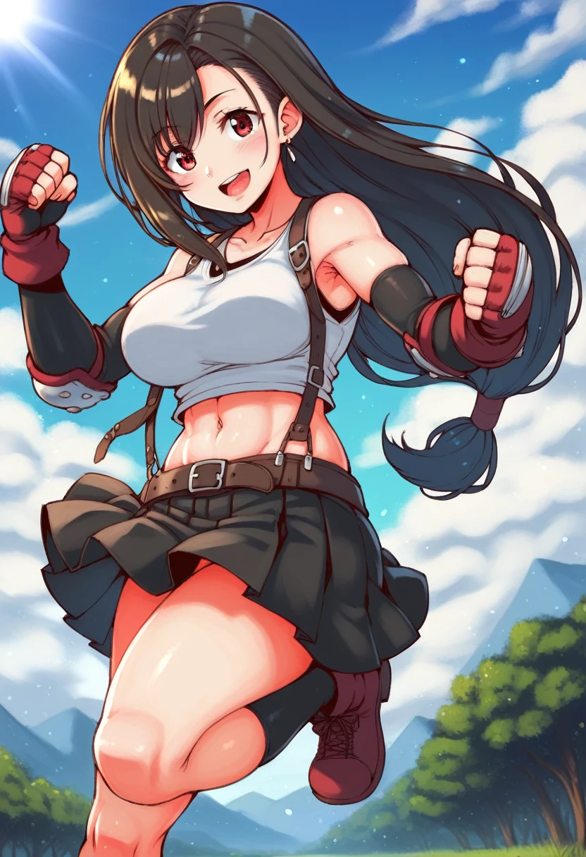 ,2020s_(style),,core_9, score_8_up, score_7_up,score_6, score_5,rating_safe BREAK , (from side),side view,Dutch angle,(foot focus),standing,((leg up,kicking)),(medium shot),looking_at_viewer ,1girl, tifa lockhart, final fantasy, tareme,black hair, low-tied long hair, red eyes,wide-eyed, bangs, (white tank top, belt, pleated skirt, thighhighs, elbow fingerless gloves, elbow pads, midriff, navel,suspender skirt) ,large_breasts,(light smile),,,Solo,,(daytime and outdoor and mountain),hyper detailed,beautiful,great lighting, perfect hands, detailed shadows,anime artwork, anime style, key visual, vibrant, studio anime,UHD,HDR,highly detailed,anime coloring, masterpiece, best quality,best aestethic, absurdres,,professional lighting,cinematic lighting,