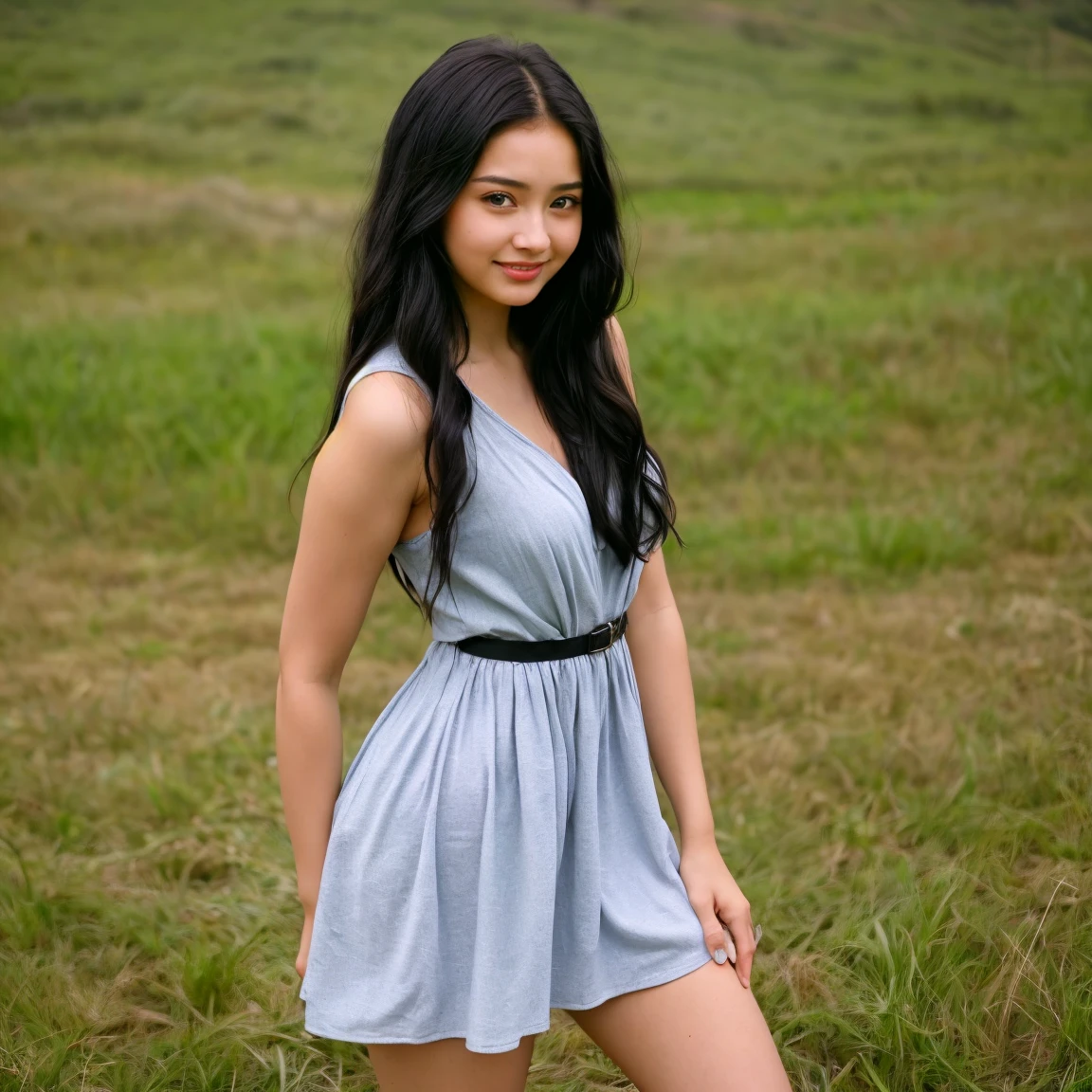 1 girl, solo, Caucasian, Young Woman, photorealistic, RAW image, (Photo of Nadine Lustre and Laura Linney combined), name is Kasumi, (((22 years old woman))), (((hazel eyes))), (((Black hair))), ((long curly hair)), (((full body))), (((Close Shot))), (((slim body))), ((wearing dress)), (at an open field), smirk, random pose