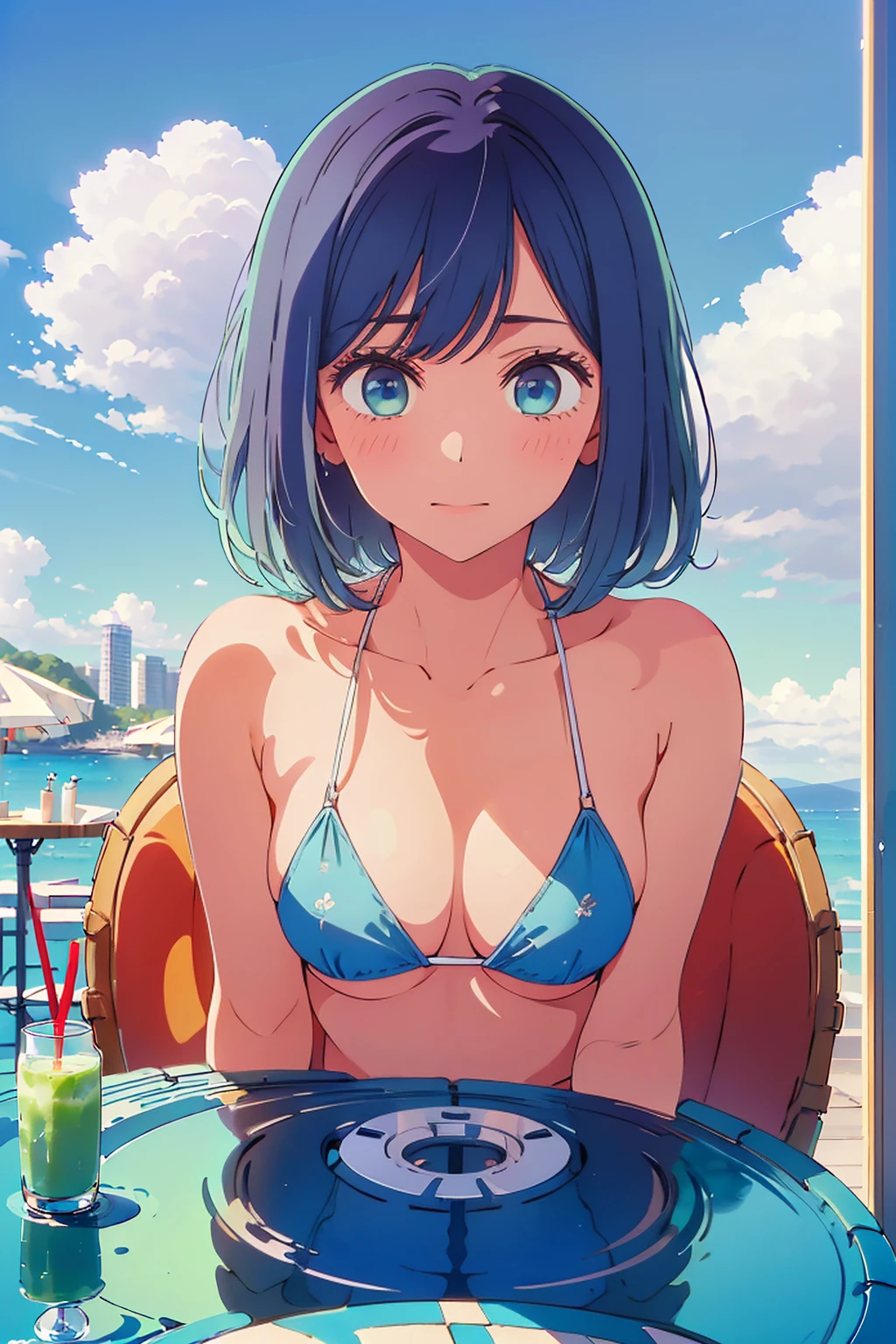 (Highest quality:1.4、masterpiece:1.4、Super detailed:1.4、8K:1.4)、F cup bust、Big Breasts、Slim body、Very white beautiful skin、((((1 person、Surprised expression、sit、Chair、In the background are the urban buildings of Tokyo、looking at the camera、Outdoor café terrace、coastal、Navy hair color、juice、Shooting up close、table、Very cute face))))、(Pose of putting hair behind ears with hands:1.4)、((nude、Areola、bikini size too small))、Seamless see-through top、Very blue sky、A completely cloudless sky、Big eyes