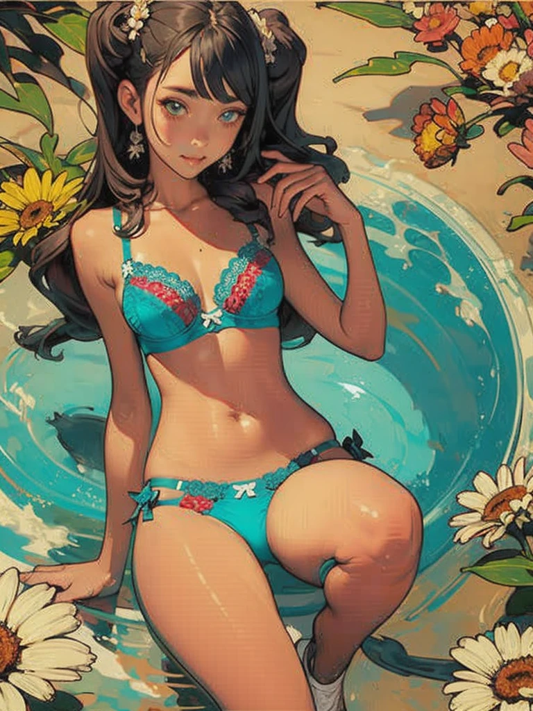 Bra and panties with little white area、Blue and yellow floral patterned bra and panties

