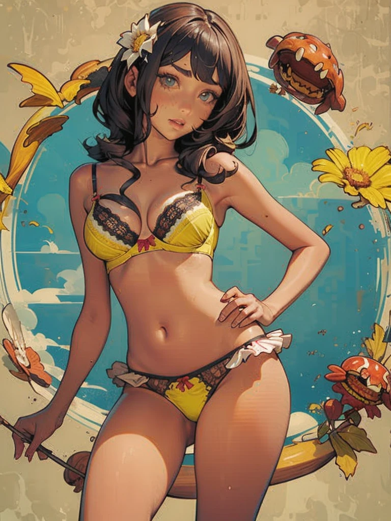Bra and panties with blue and yellow floral pattern on a white background