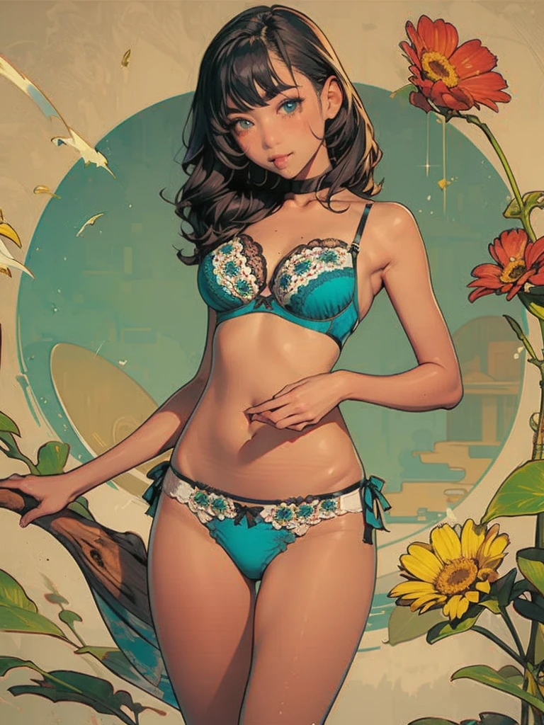 Bra and panties with little white area、Blue and yellow floral patterned bra and panties

