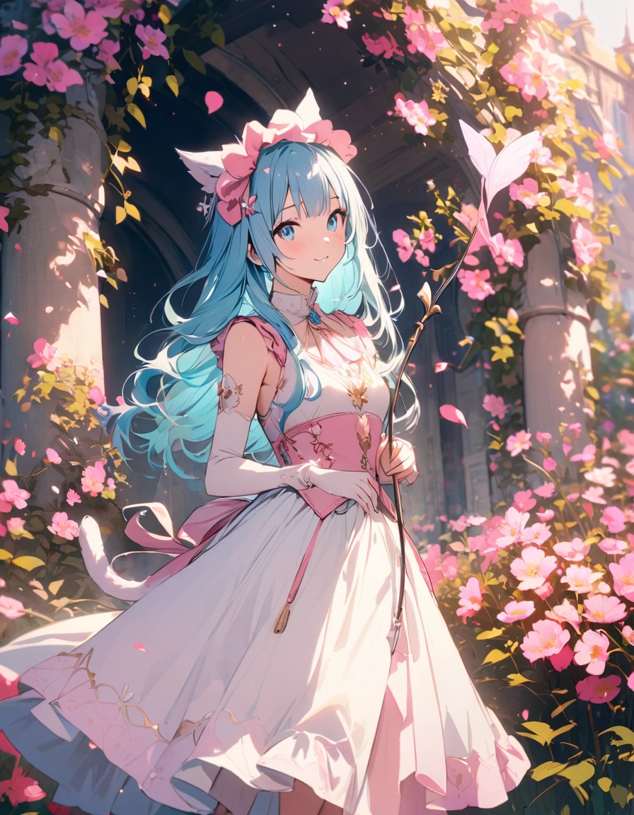 masterpiece, Highest quality, Illustration of the novel, High resolution, 18+ Adult content, Sensual, Intimate, Emotional, Passionate, romantic, sweet, Adorable, ((neko ears and tail)), (( cat ears and tail)), ((light blue long hair)),Innocent, Pure, Charmな, Charmな, Charm, mysterious, Charmな, Charmな, Immersive, Charmな, dream-like, Surreal, Imaginative, Whimsical, Artistic, Avant-garde, timeless, elegant, Sophisticated, chic, Sophisticated, personality, original, CharmなA photorealistic image of a young archer girl with a gentle smile, holding a bow and arrow. She is standing in a field of blooming flowers, with soft lighting and a calm atmosphere. High resolution, ultra-detailed, 8K, best quality.((Archer:1.3))