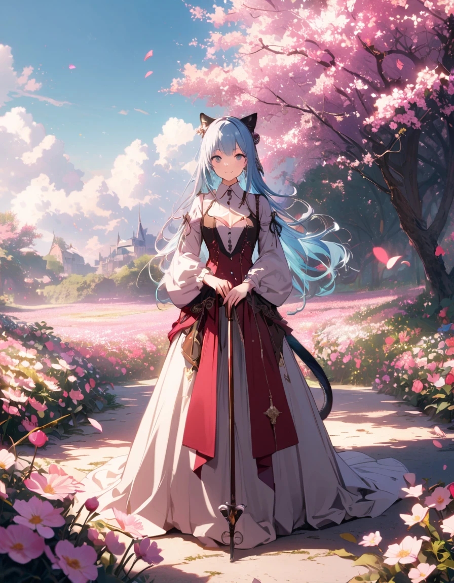 masterpiece, Highest quality, Illustration of the novel, High resolution, 18+ Adult content, Sensual, Intimate, Emotional, Passionate, romantic, sweet, Adorable, ((neko ears and tail)), (( cat ears and tail)), ((light blue long hair)),Innocent, Pure, Charmな, Charmな, Charm, mysterious, Charmな, Charmな, Immersive, Charmな, dream-like, Surreal, Imaginative, Whimsical, Artistic, Avant-garde, timeless, elegant, Sophisticated, chic, Sophisticated, personality, original, CharmなA photorealistic image of a young archer girl with a gentle smile, holding a bow and arrow. She is standing in a field of blooming flowers, with soft lighting and a calm atmosphere. High resolution, ultra-detailed, 8K, best quality.((Archer:1.3))