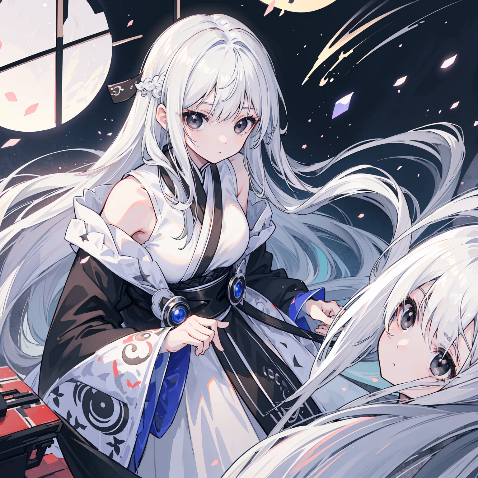 (Top image quality)、(Ultra Detailed)、(Facing forward)、top quality、masterpiece、(((1 girl)))、Silver Hair、white hair、((Long hair))、(black eyes:1.6)、(Hanfu)