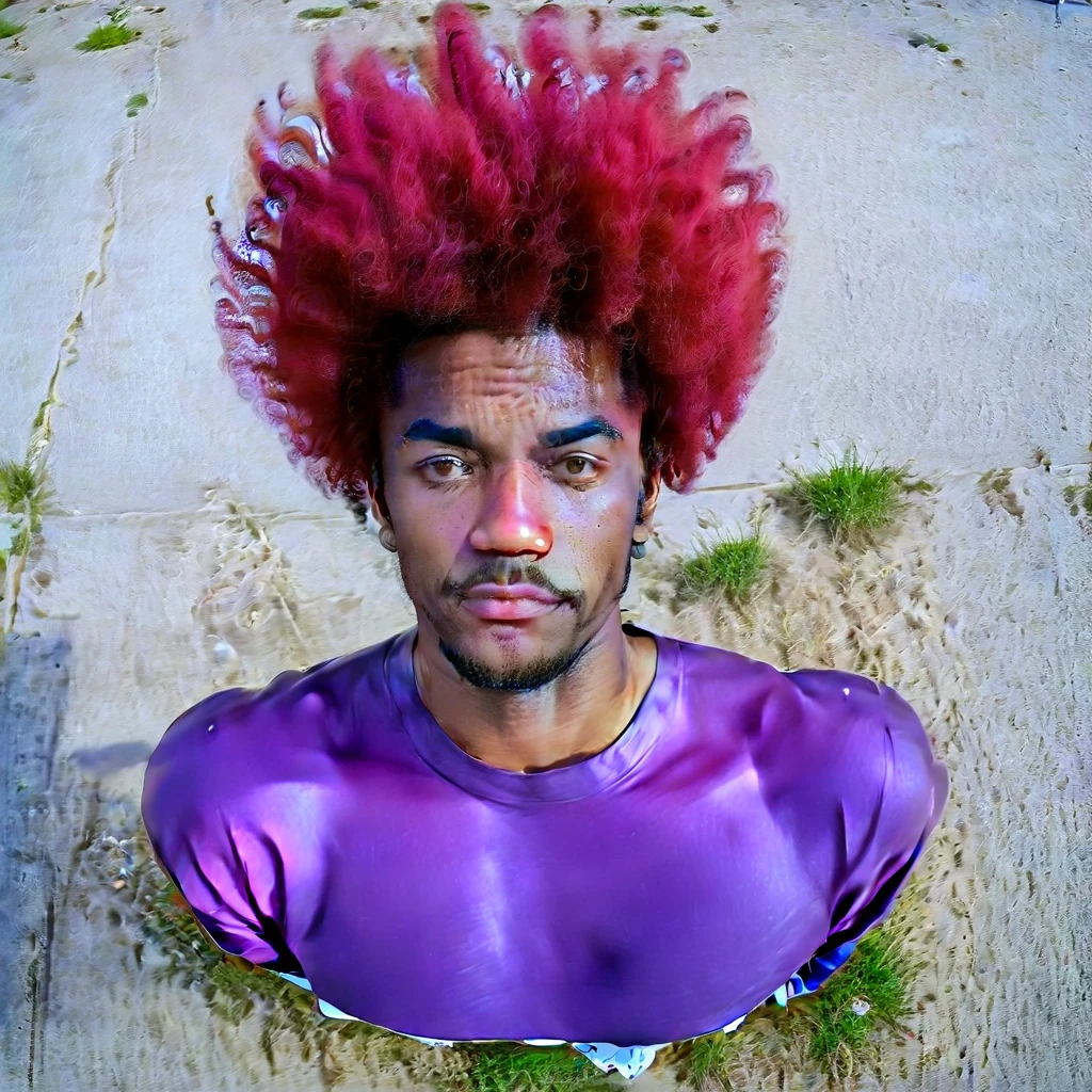 arafed man with a red afro and a purple shirt, red afro, big red afro, black man with afro hair, curly afro, with afro, big afro, afro hair, afro, a black man with long curly hair, long afro hair, afro futuristic, east african man with curly hair, giant afro!, inspired by Barkley Hendricks, color studio portrait