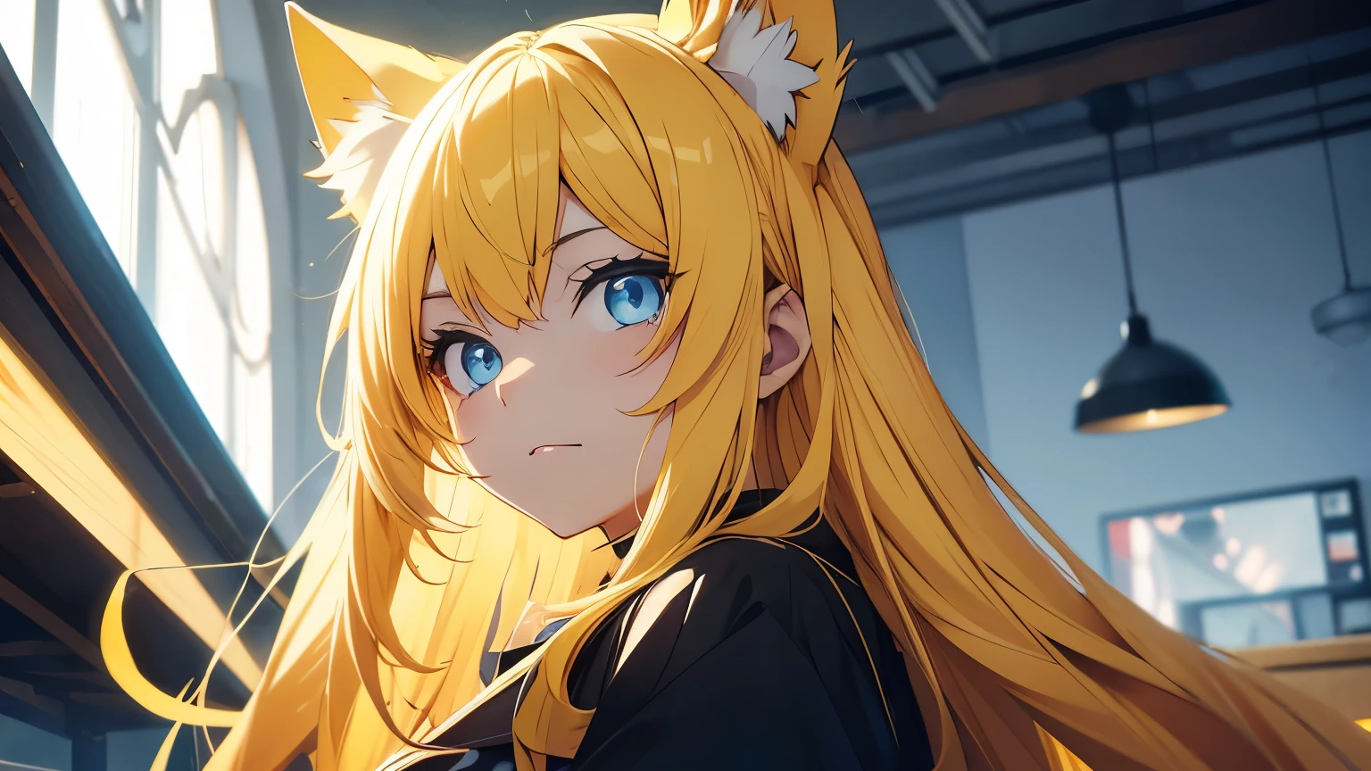 Anime cat girl with yellow ears, long yellow hair, blue eyes is staring.