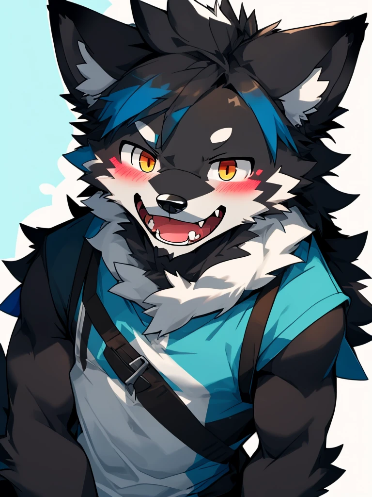 male，Wolf，Blue-black fur，ager，Fangs，Blush