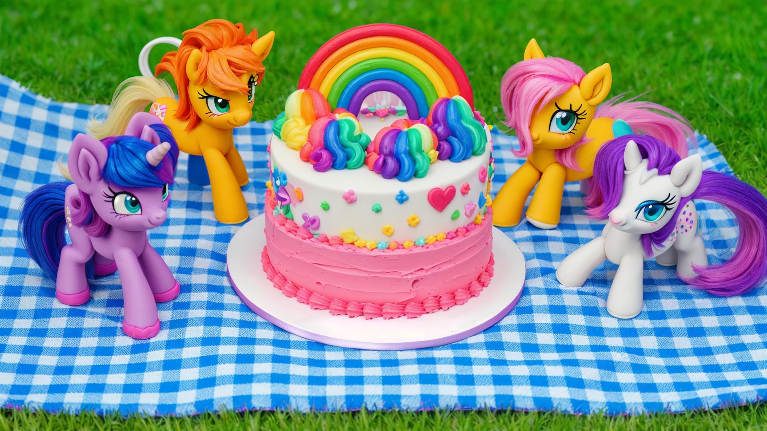 on the grass, on a pink checkered tablecloth. there is a white plate with cake, white and pink cream cake, Rainbow confectionery powder on the cake, top rainbow gradient cream, polymer clay rainbow, рядом стоят пластиковые pony toys из мультфильма My Little Pony, pony toys, beautiful light, sunlight, sunny day, beautiful lighting, bright announcement, several light sources, Realistic style, realistic textures, high quality, high detail, detailed texture, ultra 4k hd