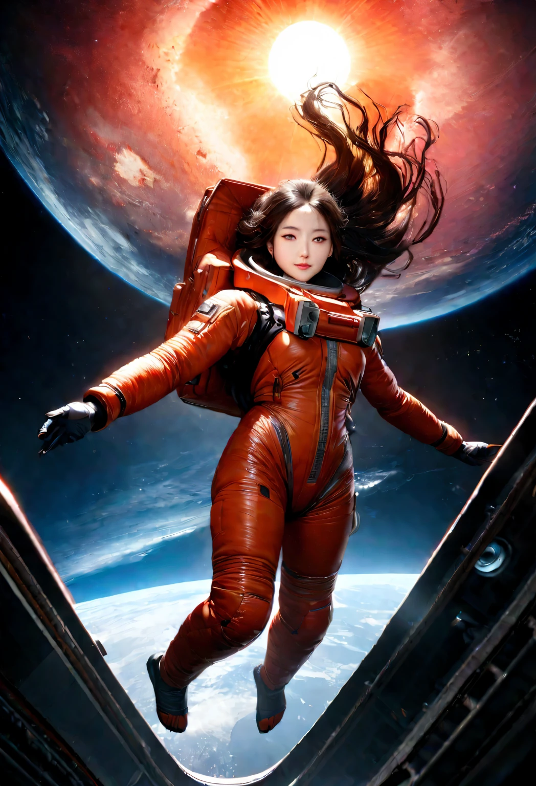 Simpatic German woman (32 years), (orange space suit:1.3), open zipper, (open zipper:1-5) unified 8k wallpaper, super detailed, beautiful and aesthetic, beautiful, masterpiece, best quality, raw, masterpiece, super fine photo, best quality, super high resolution, photorealistic realism, sunlight, full-body portrait, amazing beauty, dynamic pose, delicate face, vibrant eyes, (from the front), (star gate:1), open chest, abandoned spaceship, detailed face, stars background, gorgeous, highly detailed skin, realistic skin details, visible pores, sharp focus, volumetric fog, 8k uhd, DSLR camera, high quality, film grain, photo realism, seen from below, translucent