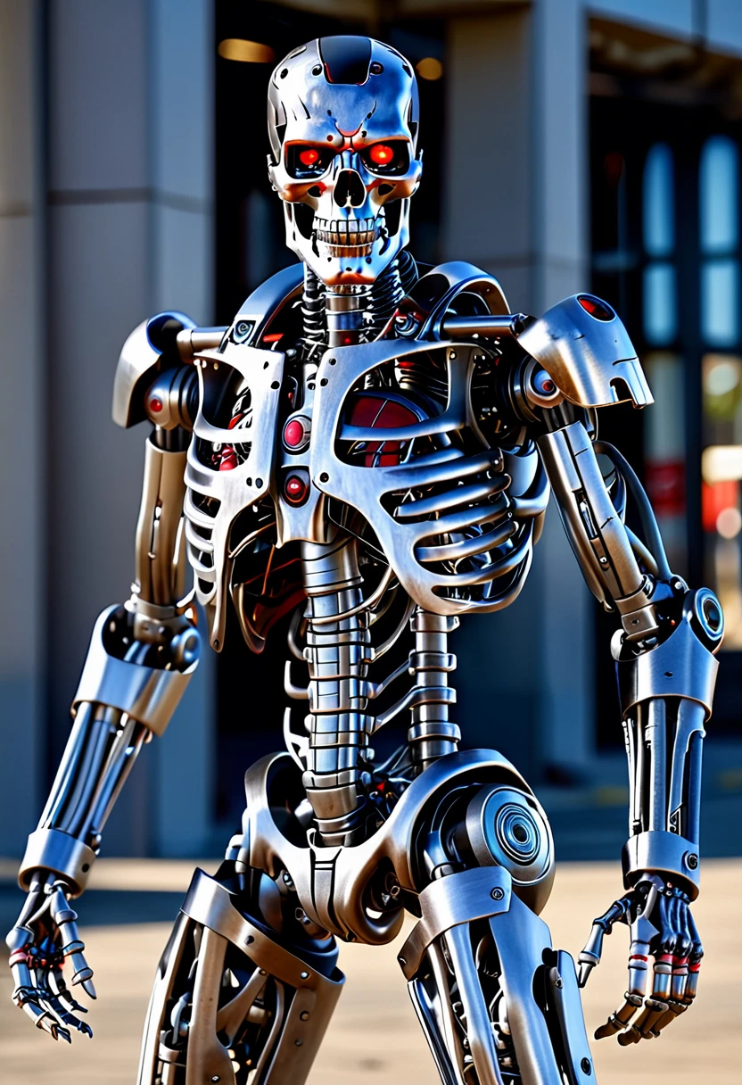 (((Full length photo))), Photo of a metal cyborg skeleton with red eyes, (Terminator T-800), The Skeleton of the Terminator, ((still from the film)), full length photo of a cyborg, The Terminator Without Flesh, ((Shiny metal texture)), ((real metal texture)), ((Shiny metal)), ((metallic glare)), ((clear metal structure)), (small parts), (Pistons), (wires), (machinery), (metal tubes), (Everything is visible), (hyperdetailing), Photorealism, perspective full frame, Professional photography, super detailing, Hasselblad H6D-(100C, with a professional-grade 50mm lens), wide aperture /1,4 and precise depth of field control, Ultra realistic, concept art, Photorealistic, Octane rendering, ultra quality, hyperdetailing, Cinematic shot, Clear Focus, (Sharp clarity, Ultra-sharpness, insanely detailed and complex),