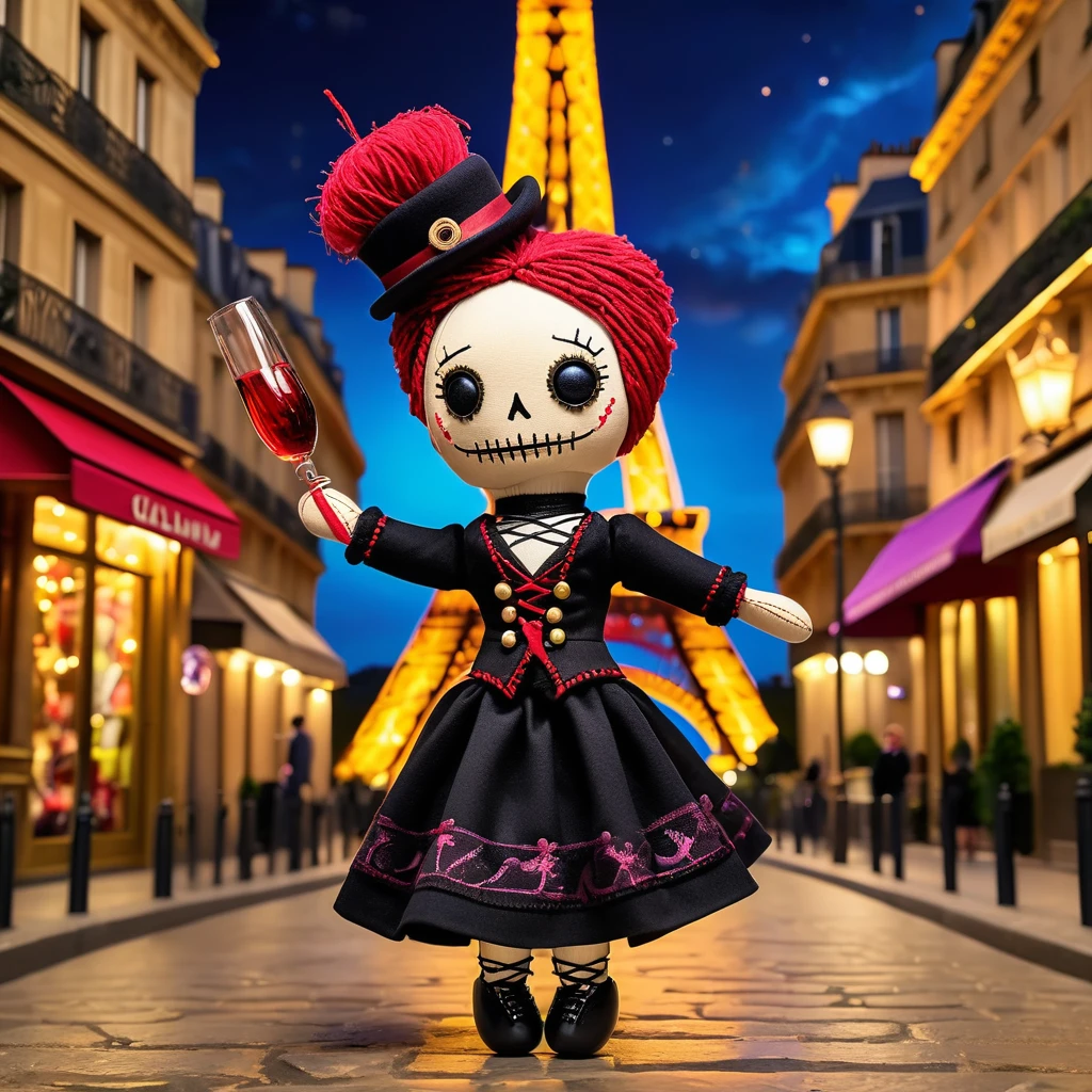 (knitted toy voodoo doll:1.8), (Voodoo Doll Parisian:1.3), (Clothing: chic Parisian outfit with fleur-de-lis patterns:1.0), (Accessories: enchanted beret emitting soft golden light, levitating baguette and wine bottle:1.1), (background: iconic Eiffel Tower with floating lights, glowing landmarks, and spectral tourists:1.2), best quality, masterpiece, detailed soft oil painting, detailed background, dramatic cinematic lighting, soft edge lighting, professional, dramatic lighting, hard edge lighting, ultra quality, 4k, masterpiece, best quality, 8k, ultra high definition, high resolution, extremely detailed
