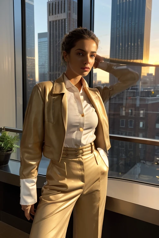 Ana de Armas as Corporate CEO, ((satin formal trousers:1.24)), ((beige satin shirt:1.25)), ((open unbuttoned leather jacket:1.23)), wavy hair in a high bun, fingerless gloves, Seductive pose in front of a high-rise building window, sunset scene, hourglass figure, correspond, seductive face, look at the camera and wink, soft volumetric light, complex parts, (ArtStation:1.2), 