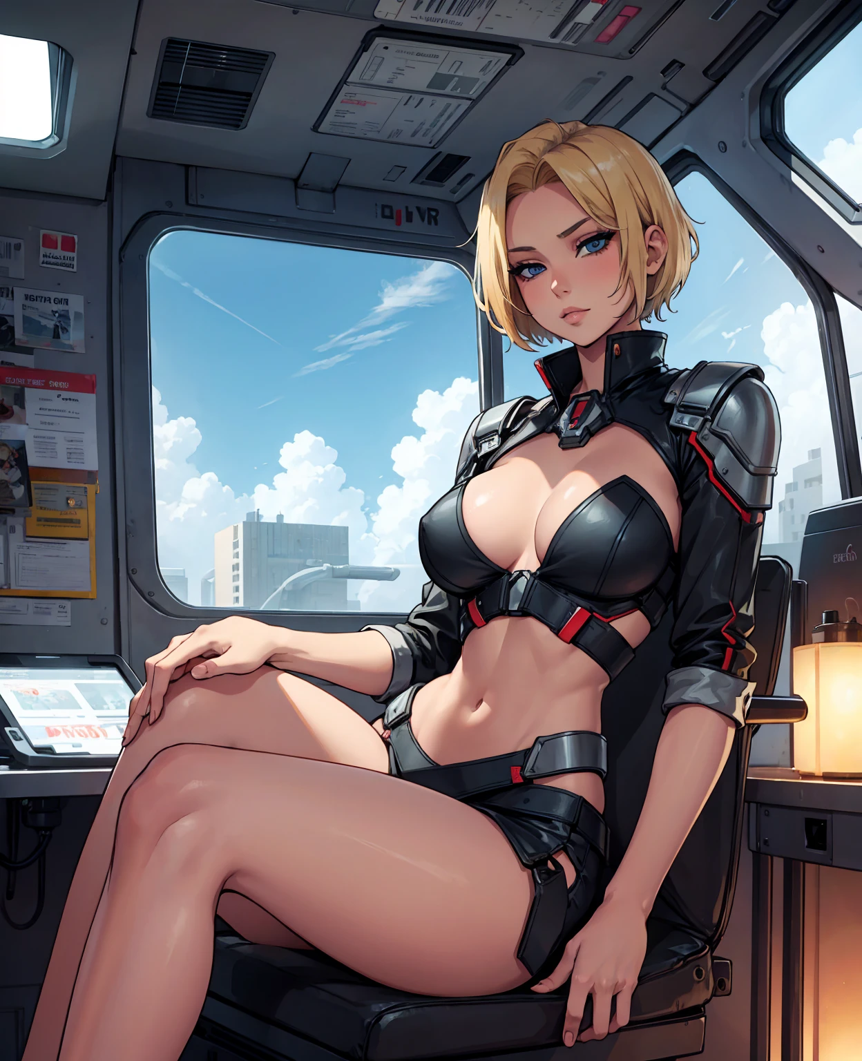 A blond young sexy woman with short hair and hot clothes sits on a seat in a spaceship and the window can show beautiful staras