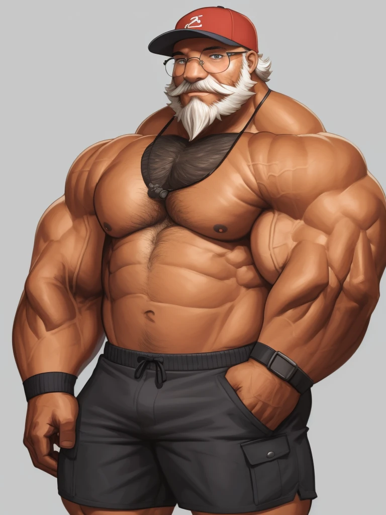 solo, 1boy, Huge Muscular Old man baseball hat and glasses, pectoral, thick arms, huge pectoral, wide pectoral, short white hair, short pants and shirtless, bearded, simple background, masterpiece, semirealistic:1.2, high detailed, 8k, high resolution