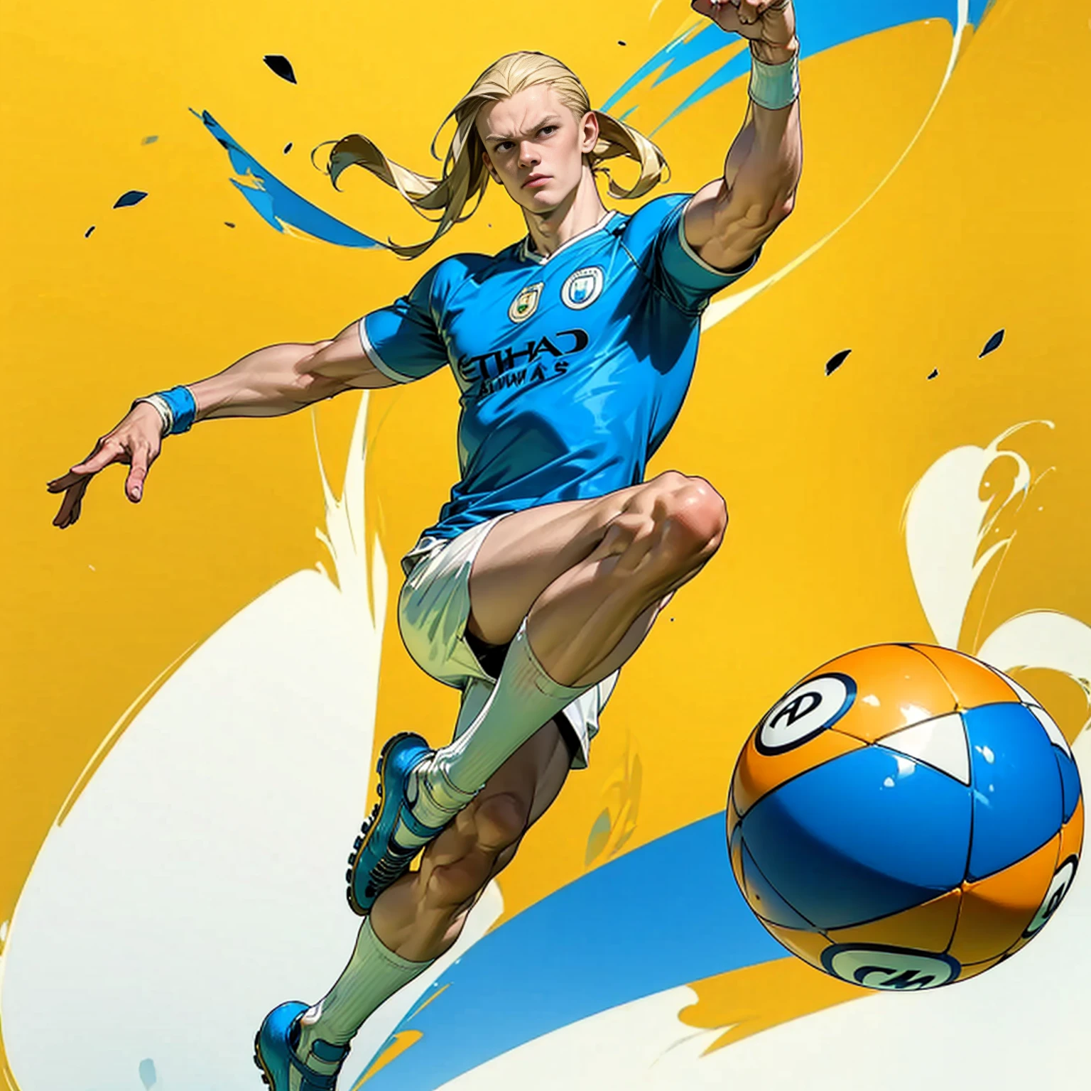 Random evolution, (1man), (full body version), tall man, muscle, Masculine, (his face scowls), albino skins, sport, football player, 1ball, (Blonde colored hair, Long Straight hairstyle, narrow eyes, hazel eyes), Manchester City blue t-shirt, White shorts, white socks, Grassroots, There's a ball, ((his pose is bicycle kick)), (((his foot right are on fire))), (((His right leg was burned))), (full background, football stadium background)