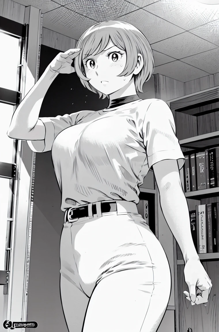 、(masterpiece、Highest quality)、Highest quality, Ultra-high resolution, (((masterpiece))), alone, Sweat、Big eyes,Tight black shirt、Tight white pants、belt、indoor、Composition from the front、(Cut the back hair short、short hair、blonde、woman)、Shortcuts、Embarrassed face、Cut your hair short、可愛いwomanの子、Big Breasts、office