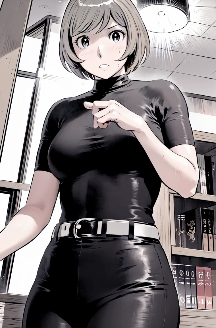 、(masterpiece、Highest quality)、Highest quality, Ultra-high resolution, (((masterpiece))), alone, Sweat、Big eyes,Tight black shirt、Tight white pants、belt、indoor、Composition from the front、(Cut the back hair short、short hair、blonde、woman)、Shortcuts、Embarrassed face、Cut your hair short、可愛いwomanの子、Big Breasts、office