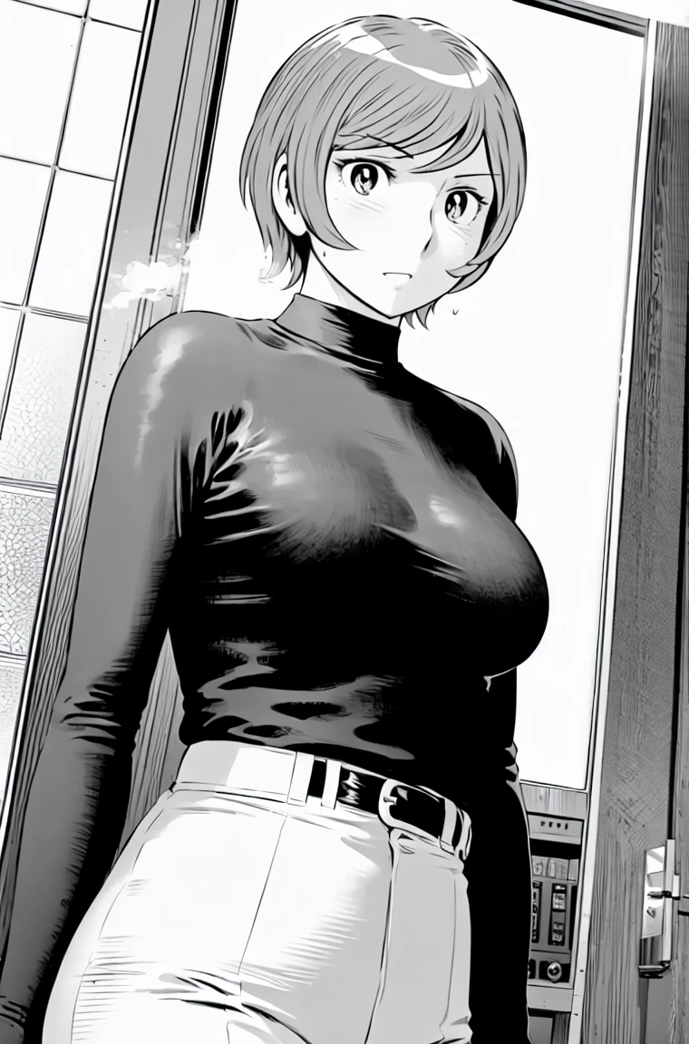 、(masterpiece、Highest quality)、Highest quality, Ultra-high resolution, (((masterpiece))), alone, Sweat、Big eyes,Tight black shirt、Tight white pants、belt、indoor、Composition from the front、(Cut the back hair short、short hair、blonde、woman)、Shortcuts、Embarrassed face、Cut your hair short、可愛いwomanの子、Big Breasts、office
