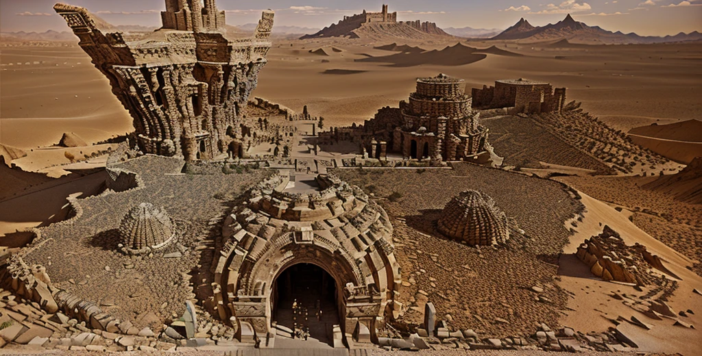 (masterpiece), best quality, there is a very large tower made of rocks in the desert, desert temple, high quality art, deep mandelbulb landscape, the place in desert
