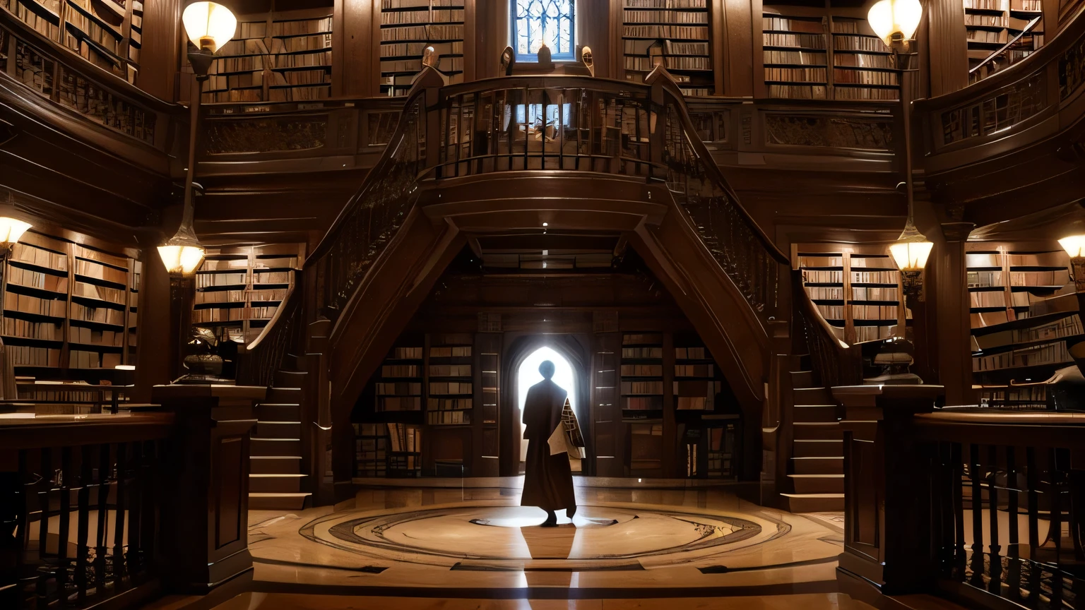Illustrate an enchanted library with towering bookshelves filled with ancient, glowing tomes. Include floating books and scrolls, a grand staircase leading to an upper level, and a magical orb illuminating the center of the room. A wizard in a flowing robe should be seen studying at a large, ornate desk."