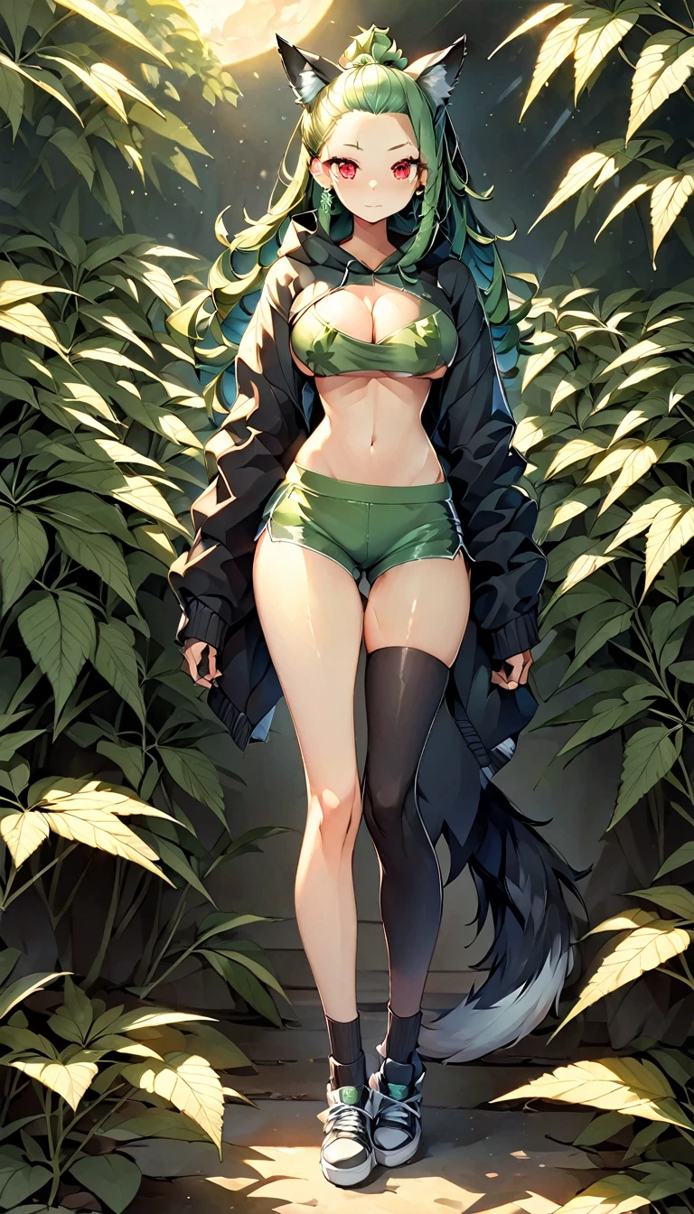   , Croped, , cleavage, slim waist, cropped hoodie underboob, cropped hoodieunderboobhoodie, 1girl, 2 wolf ears, wolf tail, ????????? crop hoodie, crop shorts, ????????? hoodie, spiky hair, spiky fur, green hair, red eyes,????????? field, tight clothes, perfect eyes, perfect hands, clear resolution, full body, cleavage skin, ????????? plants, open hoodie, ????????? scenery, black thigh high socks, full body, earrings, 1girl, skirt,  cleavage, slim waist, cleavage, slim waist, hair pulled back, 