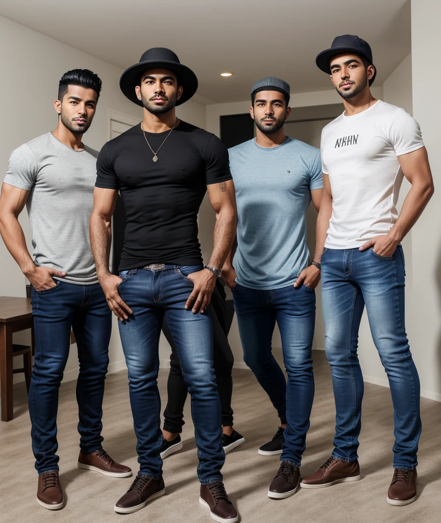 arafed man in a hat and jeans standing in a room, casual pose, wearing a dark shirt and jeans, khyzyl saleem, andres rios, wearing a shirt and a jean, caio santos, christian orrillo, with a cool pose, mohamed chahin, front side, masculine pose, mid-shot of a hunky, full body picture