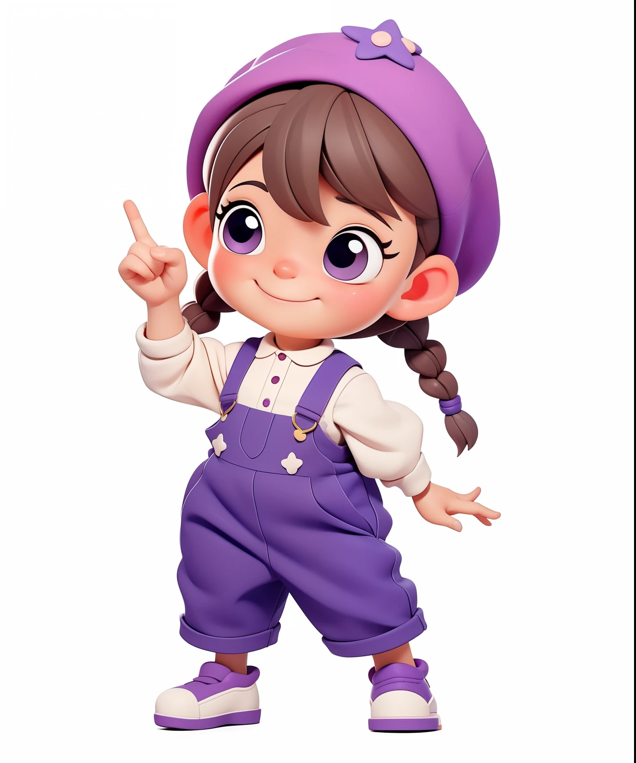 whole body、《Q version girl》、Embody the image of blueberry purple in clothing、Blueberry Big Hat、Blueberry hat、Blueberry Hat、Purple fittings、Super happy、Smile、Lively and cute girl、cute shoes、(dwarf:1.2)、index finger、Brown eyes、Long eyelashes、big eyes、Delicate and bright eyes、braid、big ear、Clear finger details、The fingers are clearly defined、Hand super detail、Overalls、Blind Box Toys、Pixar style、give him a smile、Put a sweet smile on his face、3D Rendering、