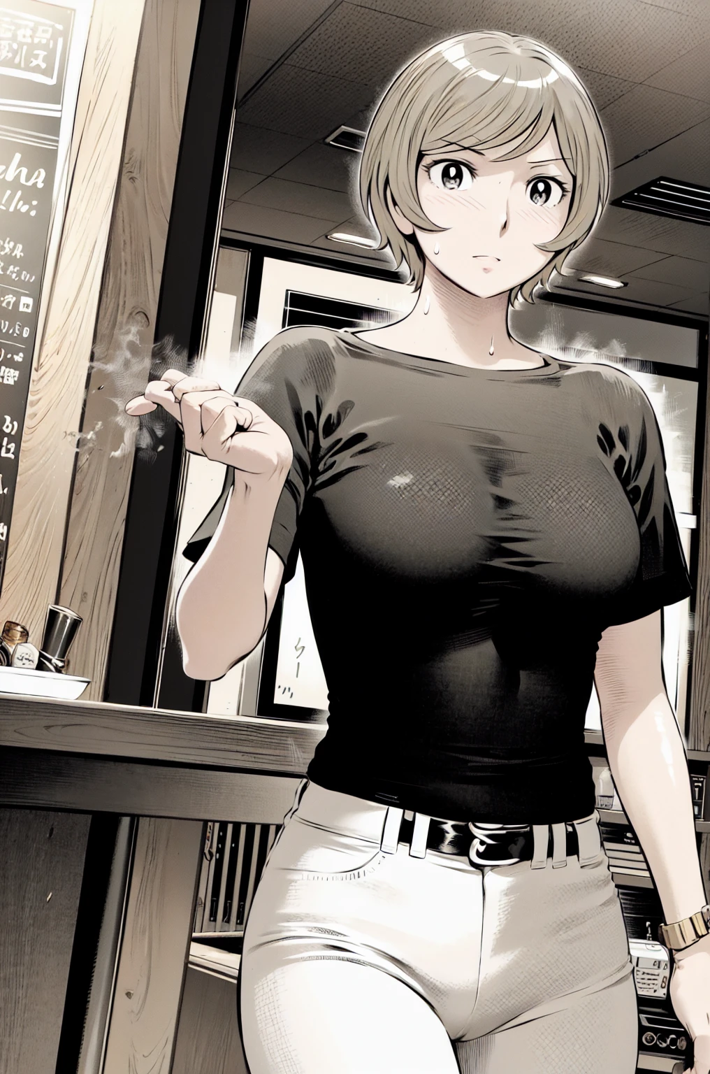 、(masterpiece、Highest quality)、Highest quality, Ultra-high resolution, (((masterpiece))), alone, Sweat、Big eyes,Tight black shirt、Tight white pants、belt、indoor、Composition from the front、(Cut the back hair short、short hair、blonde、woman)、Shortcuts、Embarrassed face、Cut your hair short、可愛いwomanの子、Big Breasts、office