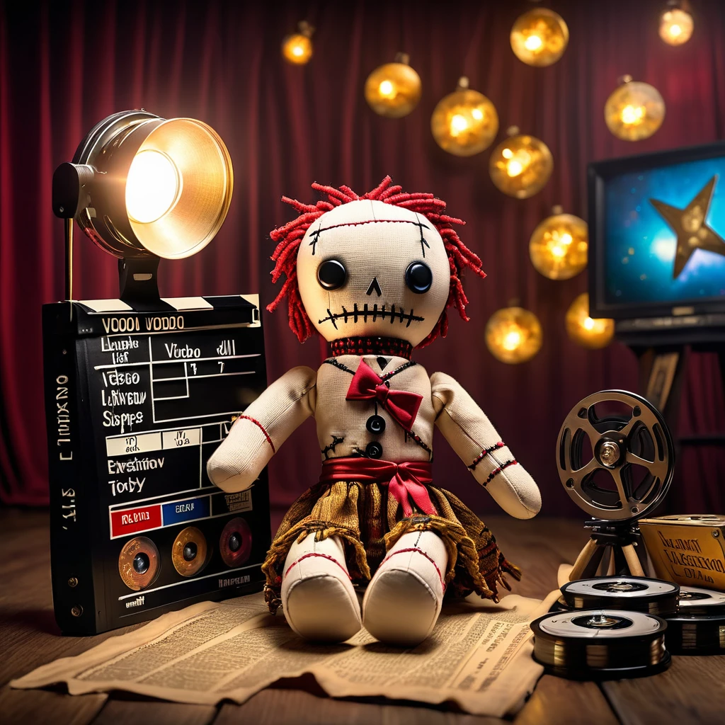 (knitted toy voodoo doll:1.8), (Voodoo Doll Actor:1.3), (Clothing: glamorous Hollywood attire with star patterns:1.0), (Accessories: enchanted clapperboard emitting golden light, levitating scripts:1.1), (background: iconic Hollywood sign with floating film reels, glowing spotlights, and spectral directors:1.2), best quality, masterpiece, detailed soft oil painting, detailed background, dramatic cinematic lighting, soft edge lighting, professional, dramatic lighting, hard edge lighting, ultra quality, 4k, masterpiece, best quality, 8k, ultra high definition, high resolution, extremely detailed
