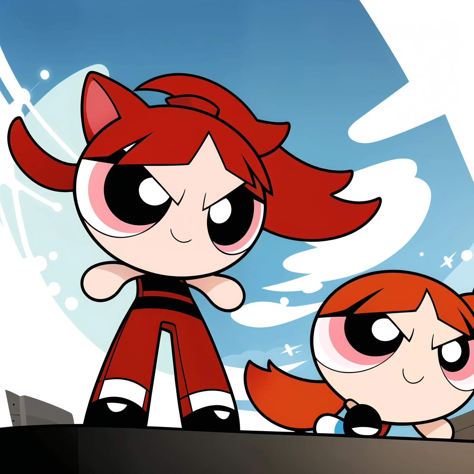 cute smile, full body, 1girl , chibi, red hair, wolf cut hair style, eyes brown, oversized clothes, straight pants , multicolored hair,