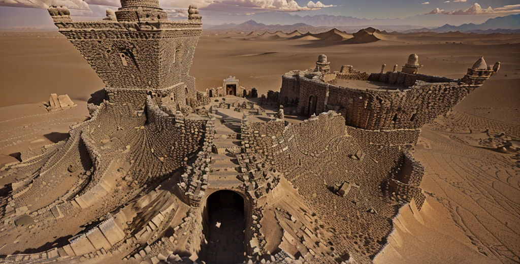 (masterpiece), best quality, there is a very large tower made of rocks in the desert, desert temple, high quality art, deep mandelbulb landscape, the place in desert