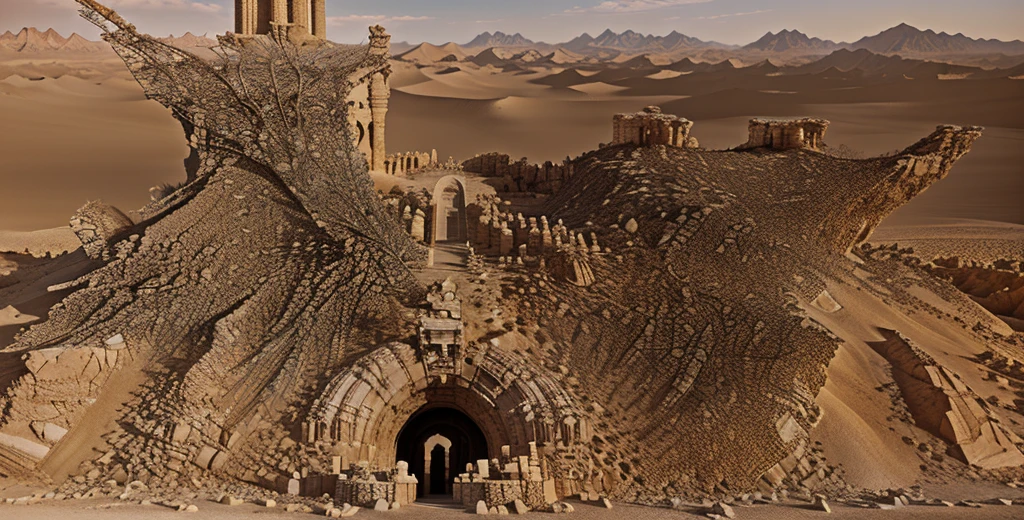 (masterpiece), best quality, there is a very large tower made of rocks in the desert, desert temple, high quality art, deep mandelbulb landscape, the place in desert