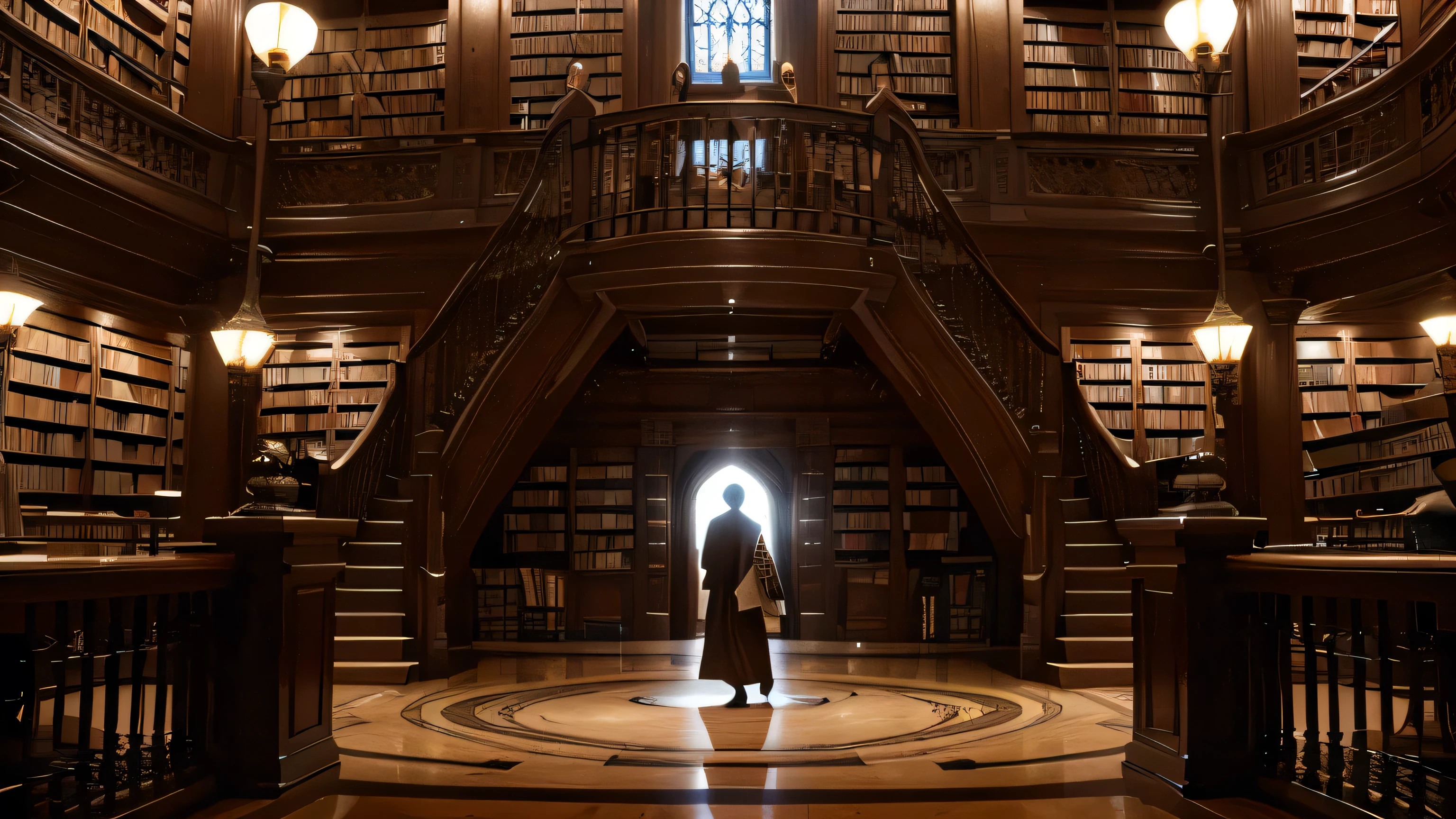 Illustrate an enchanted library with towering bookshelves filled with ancient, glowing tomes. Include floating books and scrolls, a grand staircase leading to an upper level, and a magical orb illuminating the center of the room. A wizard in a flowing robe should be seen studying at a large, ornate desk."