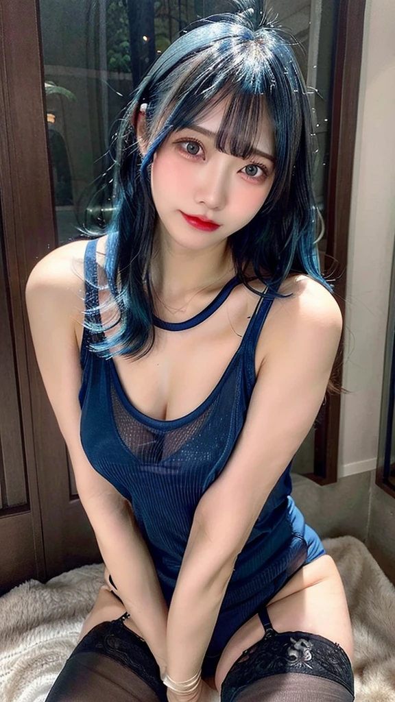 Sheer tank top、Reduce milk、pantyhose/stockings、Transparent nipples with a sheer look、Sheer underwear、Leaning forward、forest、Blue Hair