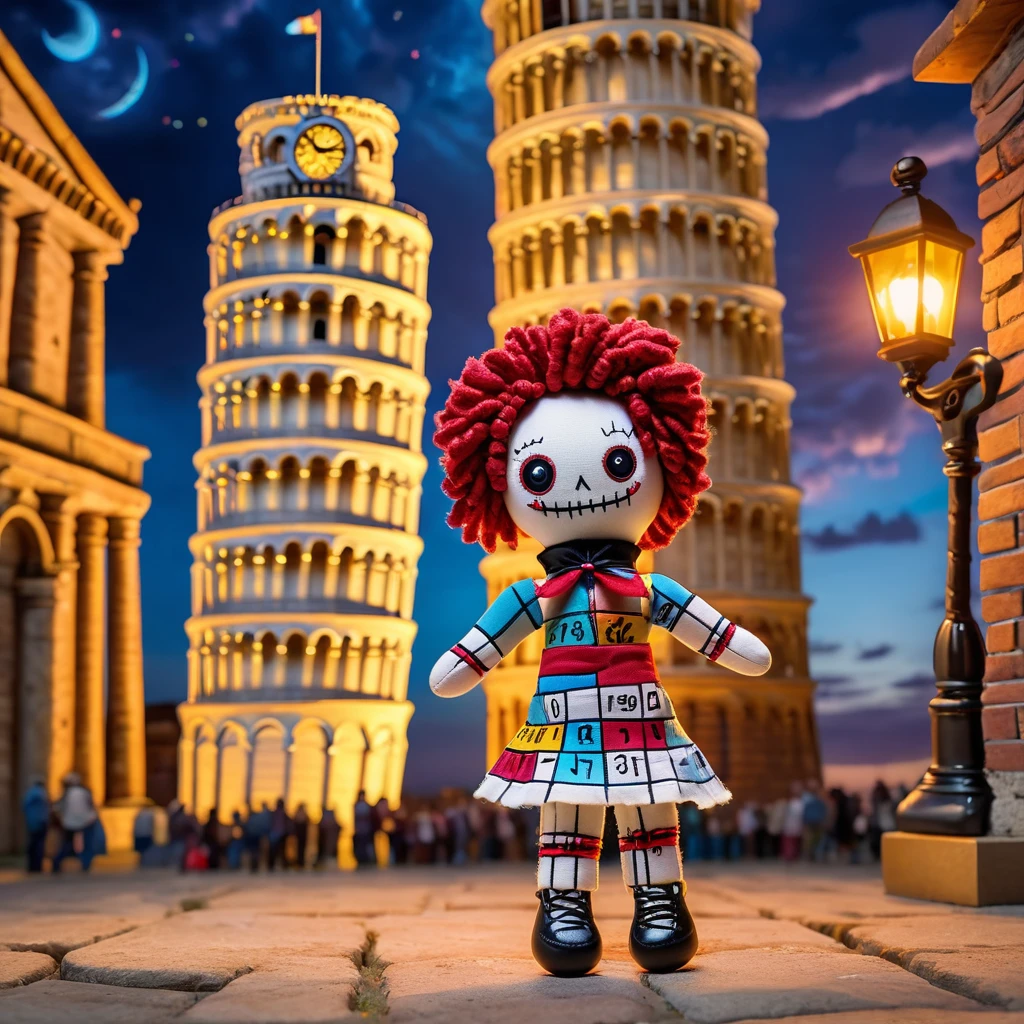 (knitted toy voodoo doll:1.8), (Voodoo Doll Tourist:1.3), (Clothing: casual travel outfit with leaning tower patterns:1.0), (Accessories: enchanted camera emitting warm light, levitating postcards:1.1), (background: leaning Tower of Pisa with floating bricks, glowing arches, and spectral tourists:1.2), best quality, masterpiece, detailed soft oil painting, detailed background, dramatic cinematic lighting, soft edge lighting, professional, dramatic lighting, hard edge lighting, ultra quality, 4k, masterpiece, best quality, 8k, ultra high definition, high resolution, extremely detailed
