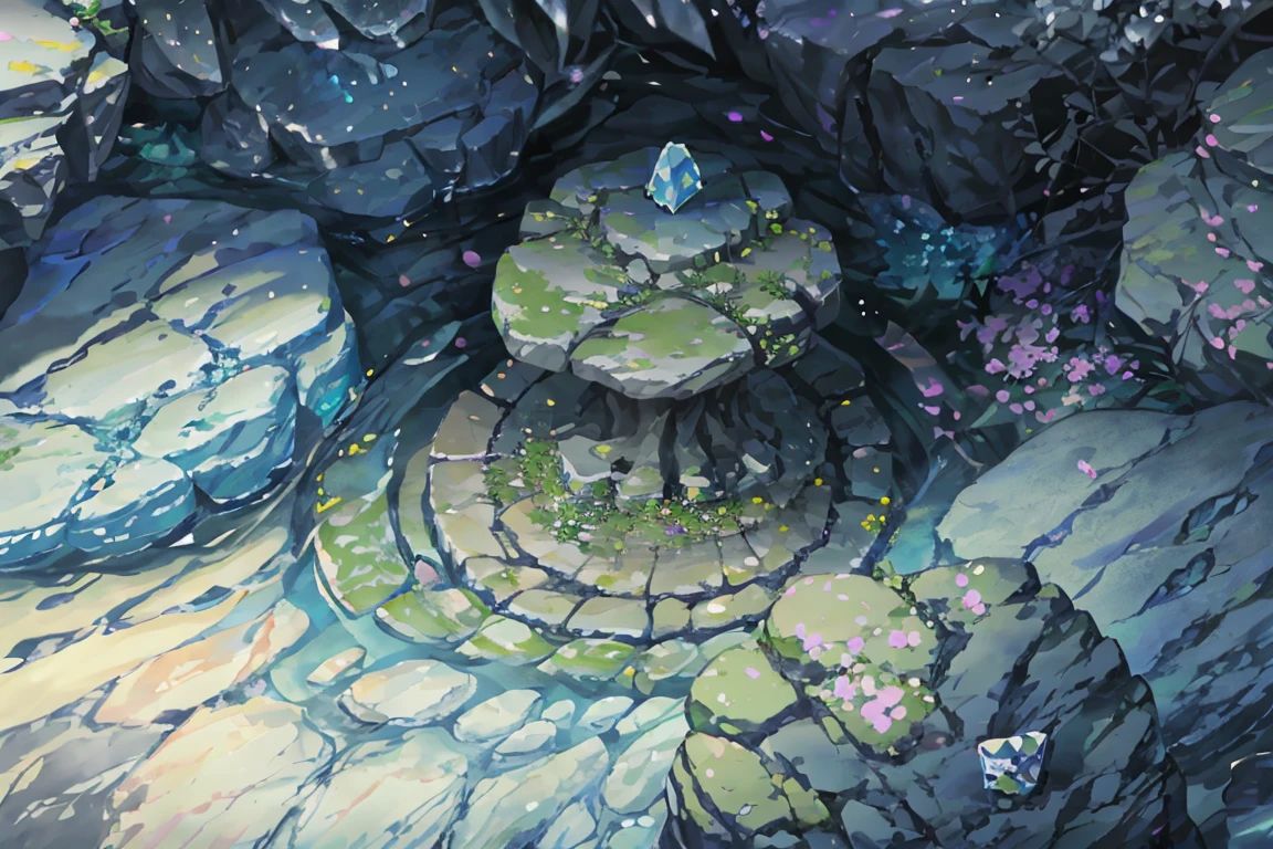 summer, rocky area, rock formation, 거대한 diamond rocks, There are diamonds on the floor, crystal rock (illustration : 1.0), Narrative construction, realistic lighting, HD detail, masterpiece, best quality best, (Highly detailed CG integrated 8k wallpaper), rocky area, diamond pillar, diamond rocks