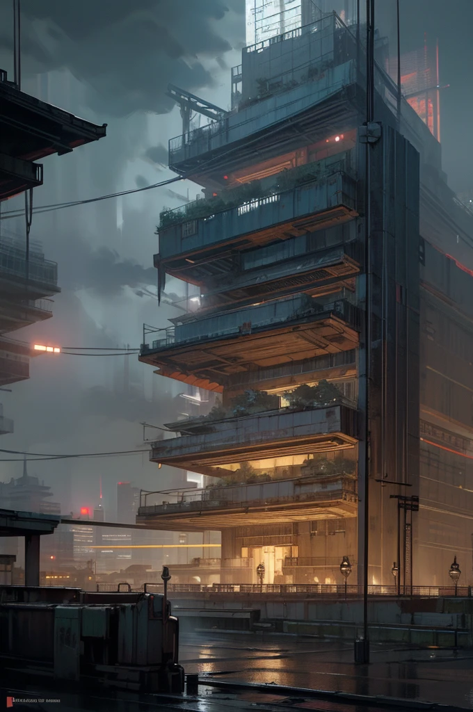 A cyberpunk city at night full of thousands of people, very tall guild palaces with brutalist architecture and light fog between the buildings, very high details, photorealism 8k