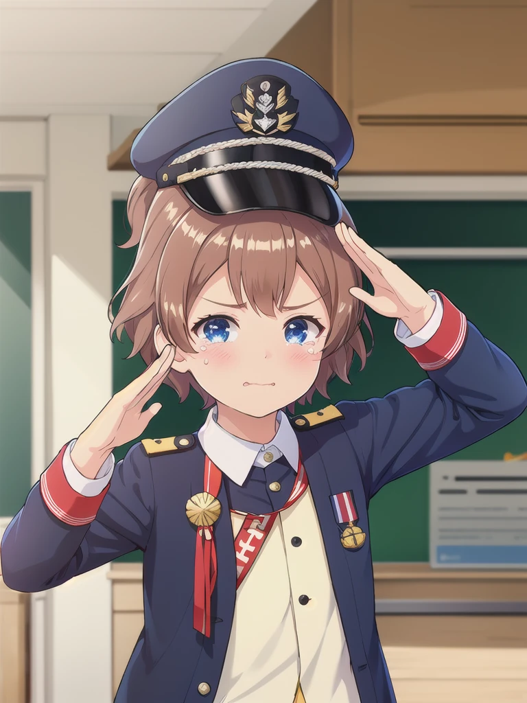 Highest quality,masterpiece,12 years old,serious,(Close your mouth),blue eyes,indoor,School,corridor,Are standing,Upper Body, 顔 focus,Brown Hair, short hair, Navy uniform,, (Raise one hand,45 degree salute),Medal on chest,Navy uniform cap,tears
