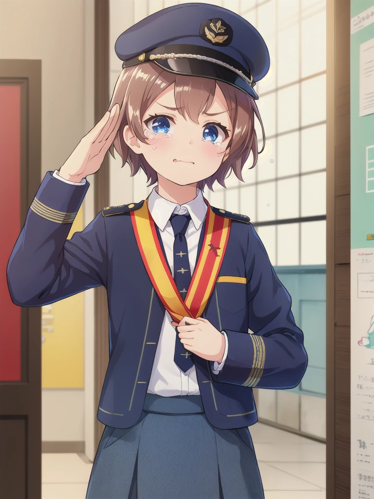 Highest quality,masterpiece,************,serious,(Close your mouth),blue eyes,indoor,School,corridor,Are standing,Upper Body, 顔 focus,Brown Hair, short hair, Navy uniform,, (Raise one hand,45 degree salute),Medal on chest,Navy uniform cap,tears
