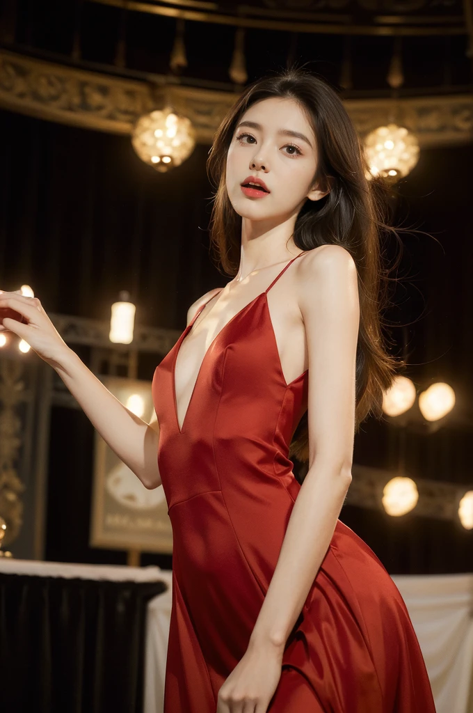 (((best quality))),(((ultra detailed))),(((masterpiece))),illustration, 1girl, singer,solo,open mouth,slim,thin,flat chest,small breasts,Maxi gorgeous red gown,slender legs,on the stage, performance, passion, confidence, elegance, lighting effects, decorations, audience, melodious voice, beautiful appearance, captivating performance,standing,upper body,from front