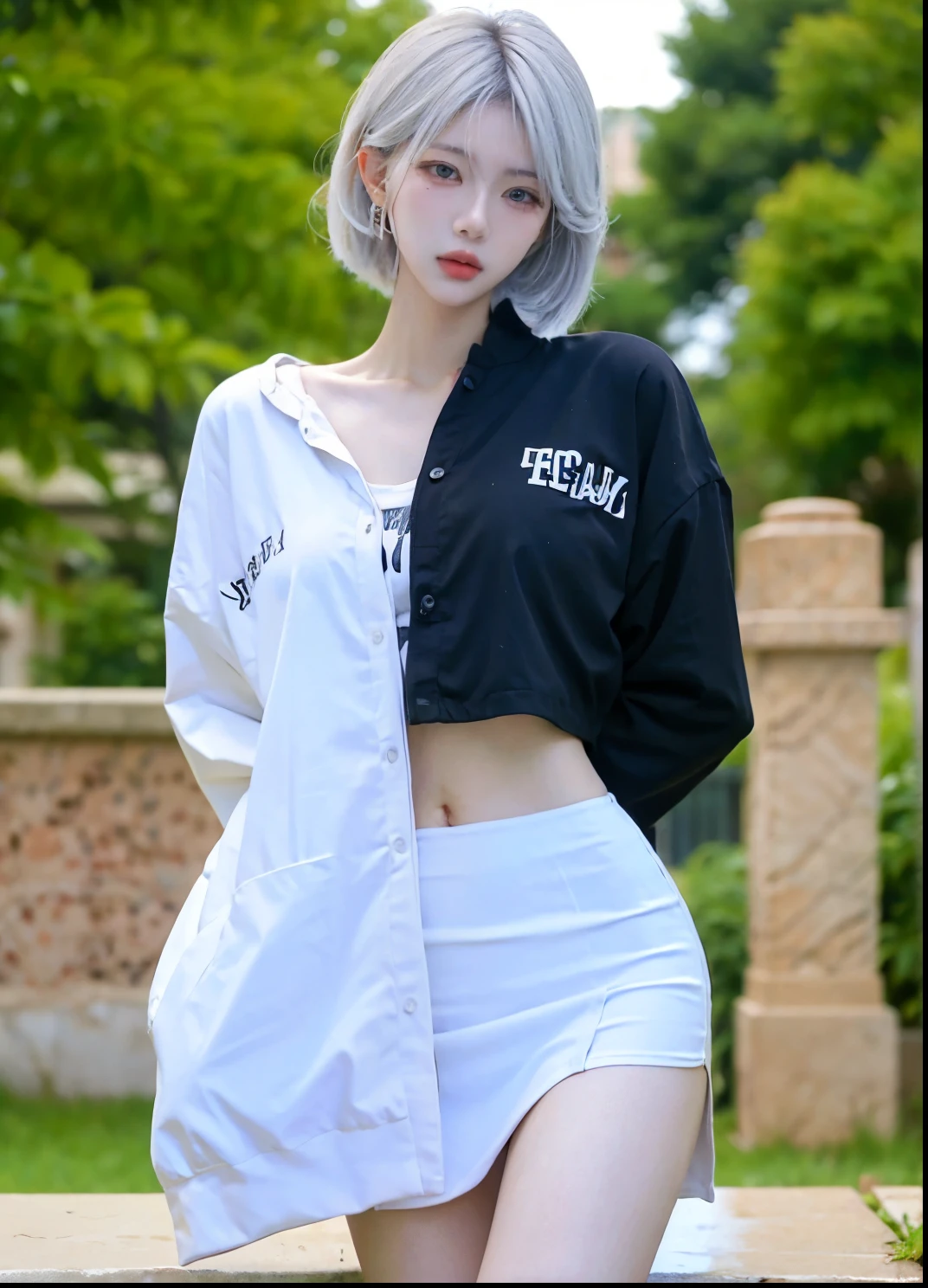 Beautiful woman with perfect figure:1.4,Ultra-high resolution,White legs,Put your hands behind your back,Swimming background,Big breasts:1.6,(Realism:1.4),perspective,Layered hairstyle,Snow white skin,JK:1.5,Super short pleated skirt,whole body:1.4,Very delicate and skin texture,Double eyelids,Skin Whitening,Long hair,White hair
