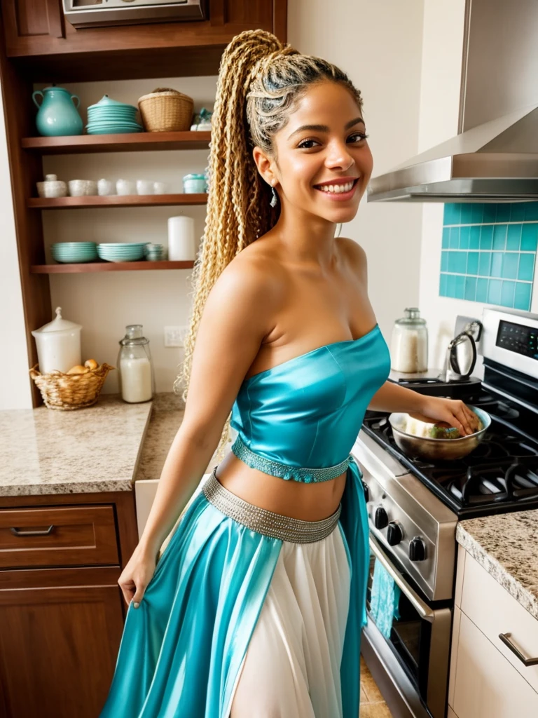 Beautiful Shakira, smiling happily, wearing turquoise silk strapless top, long slit skirt, cooking, in the kitchen