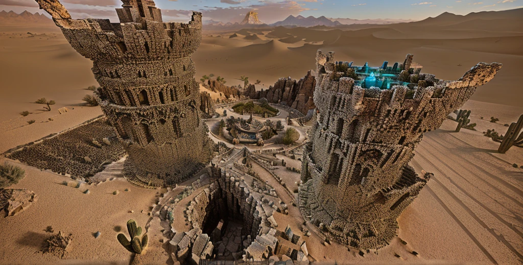 (masterpiece), best quality, there is a very large tower made of rocks in the desert,  desert temple, high quality art, deep mandelbulb landscape, the place in desert