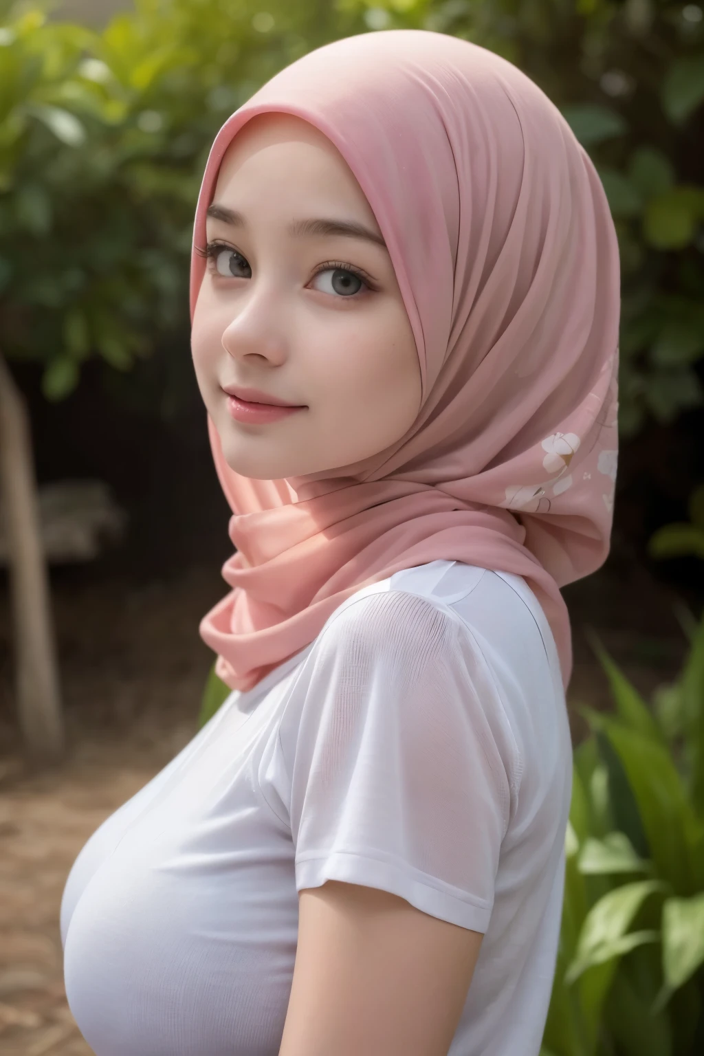 (Singlet), Chubby adorable, 1 girl, (face to face), , baby face, happy, half body portrait, (face details: 1), (eye details: 1), ((big breasts)transparent transparency soft long shirt, hijab, .. Cute posed. proportional body. Ultra High Res. realistic: 1.4, UHD, (floral pattern), view from side seductive pose